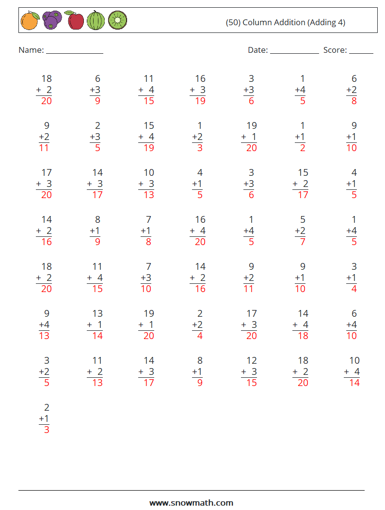 (50) Column Addition (Adding 4) Math Worksheets 2 Question, Answer