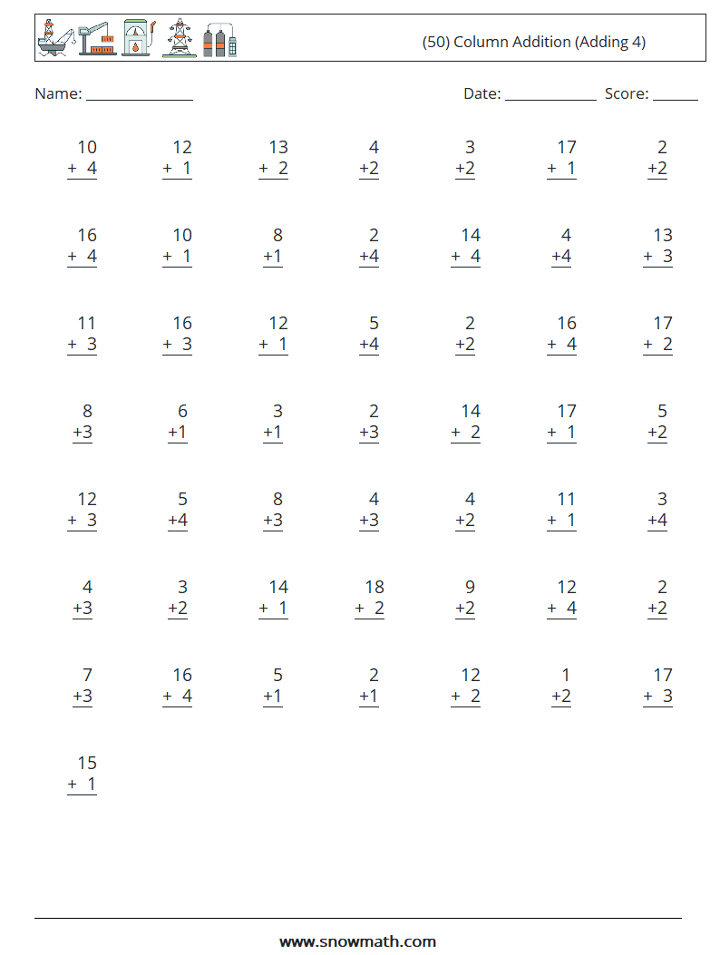 (50) Column Addition (Adding 4) Math Worksheets 3
