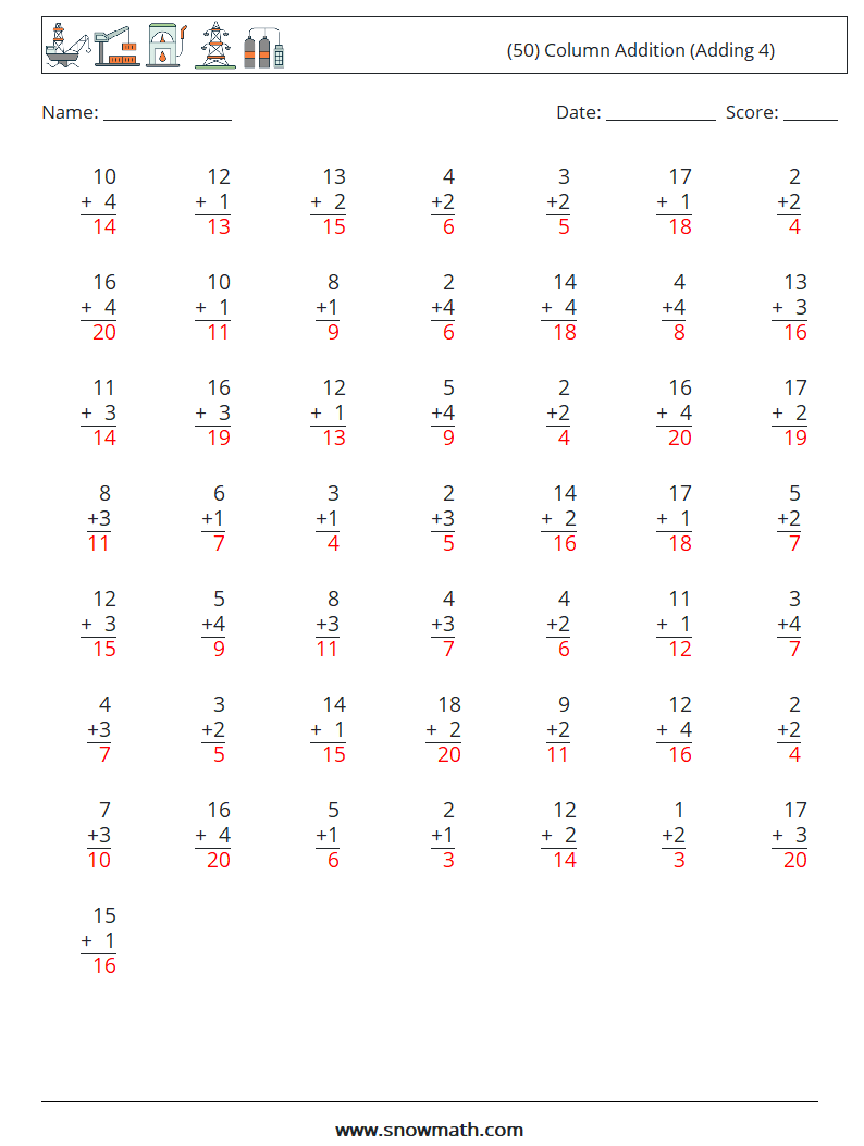 (50) Column Addition (Adding 4) Math Worksheets 3 Question, Answer