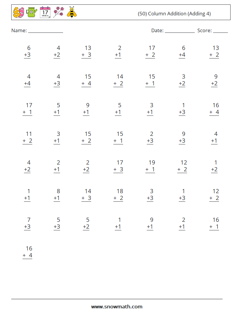 (50) Column Addition (Adding 4) Math Worksheets 4