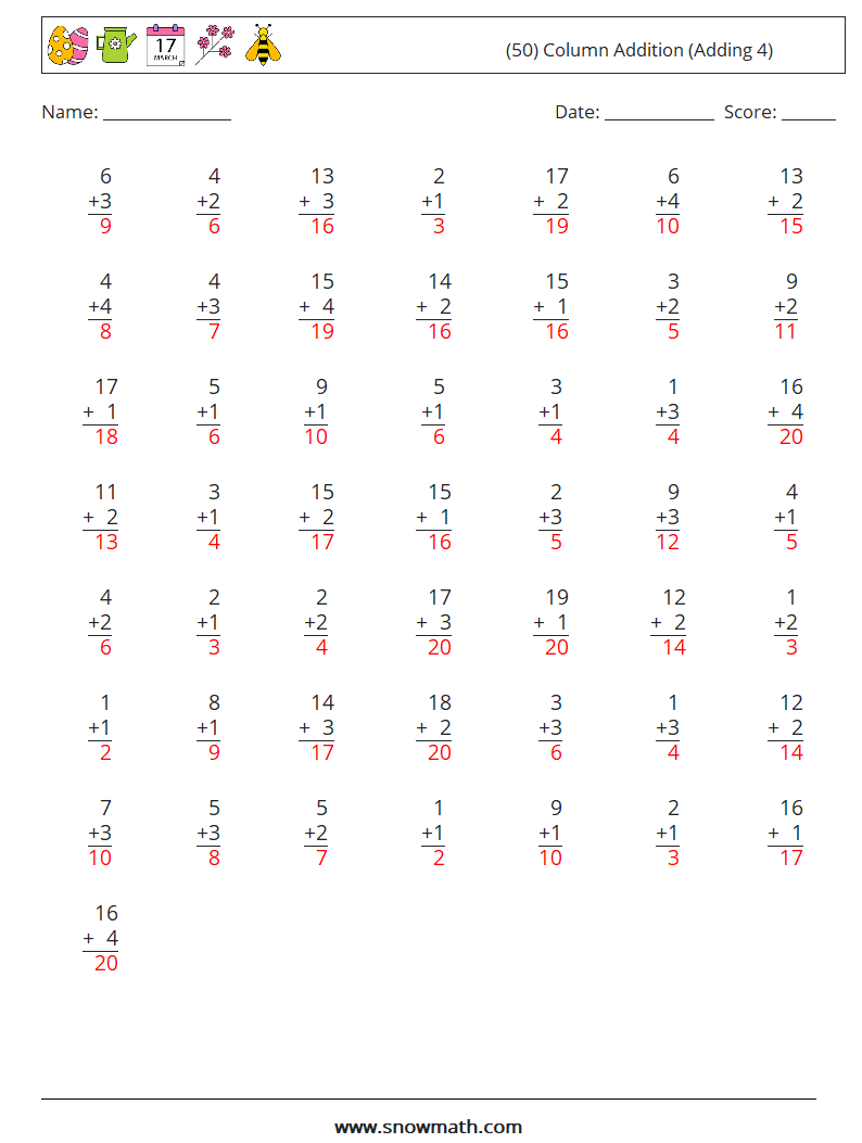 (50) Column Addition (Adding 4) Math Worksheets 4 Question, Answer