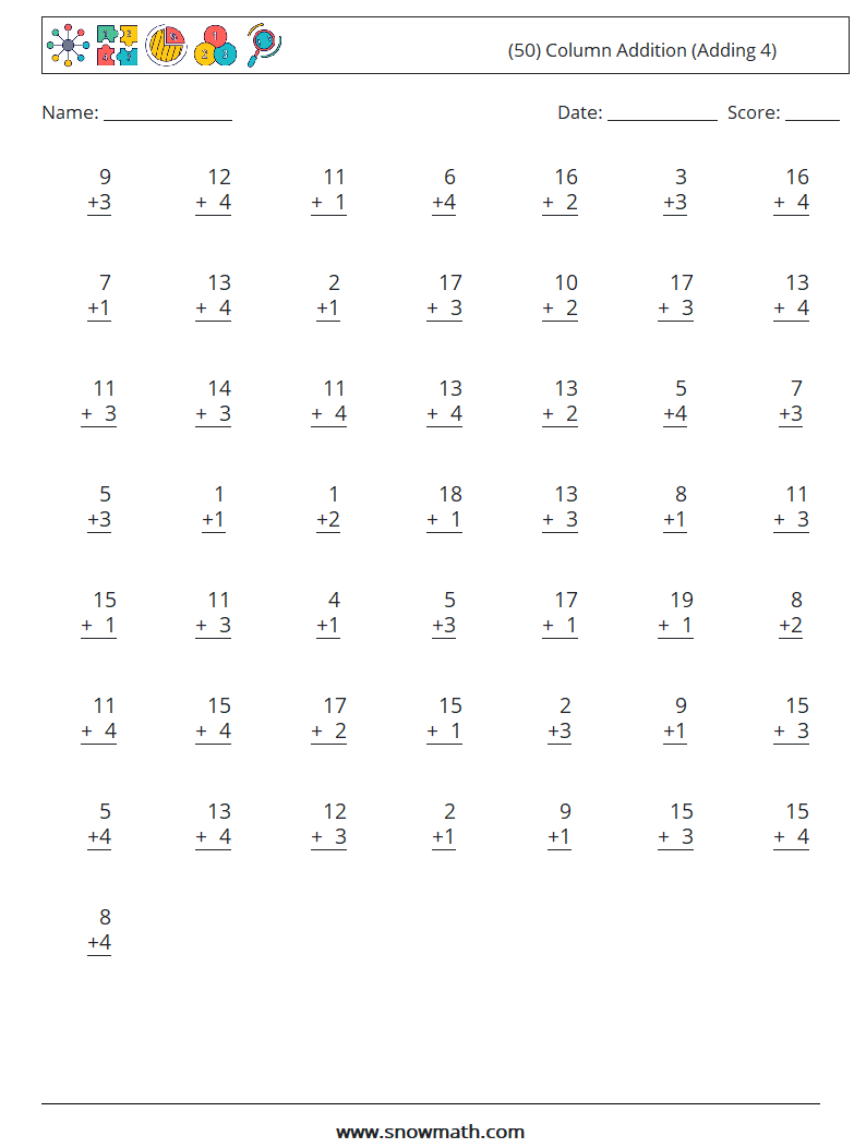 (50) Column Addition (Adding 4) Math Worksheets 5
