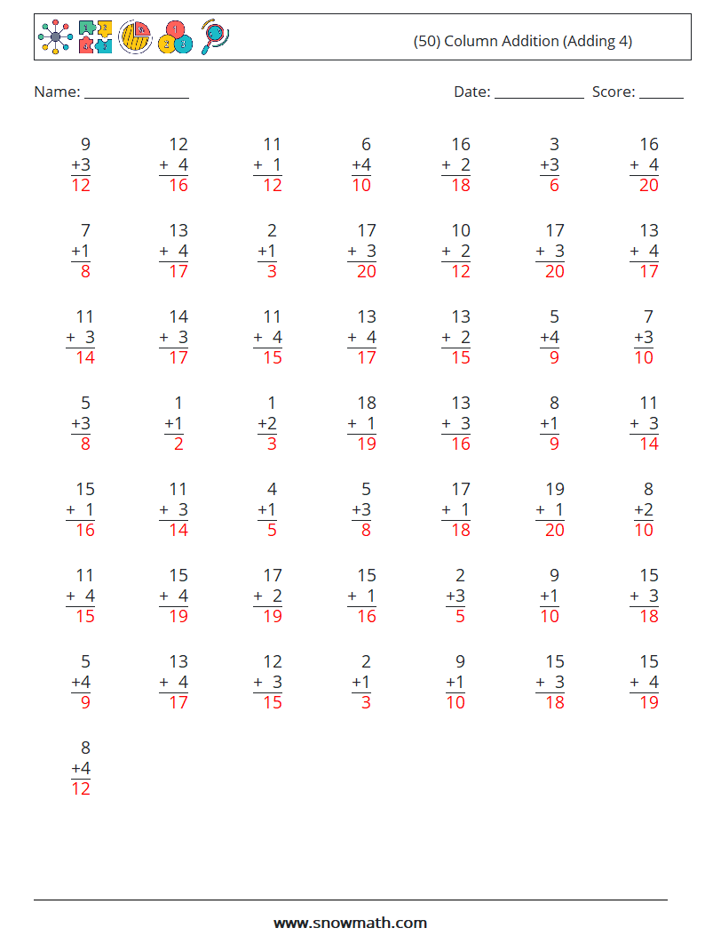 (50) Column Addition (Adding 4) Math Worksheets 5 Question, Answer