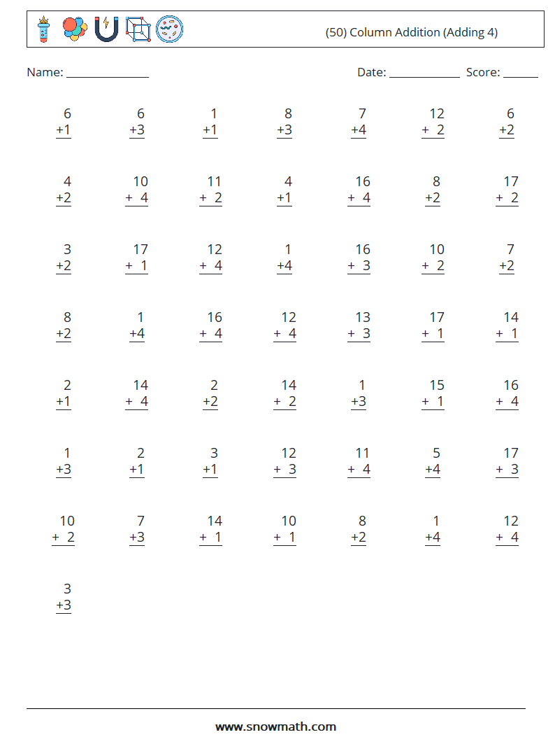(50) Column Addition (Adding 4) Math Worksheets 6