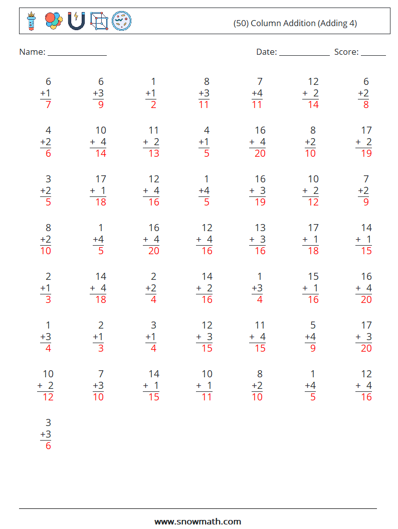 (50) Column Addition (Adding 4) Math Worksheets 6 Question, Answer