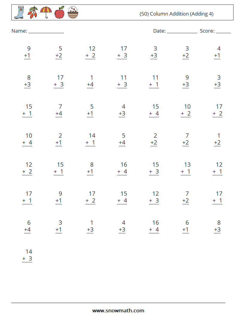 (50) Column Addition (Adding 4) Math Worksheets 7
