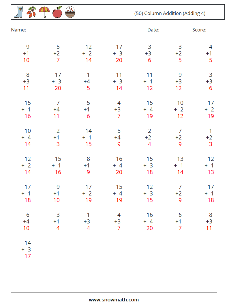 (50) Column Addition (Adding 4) Math Worksheets 7 Question, Answer