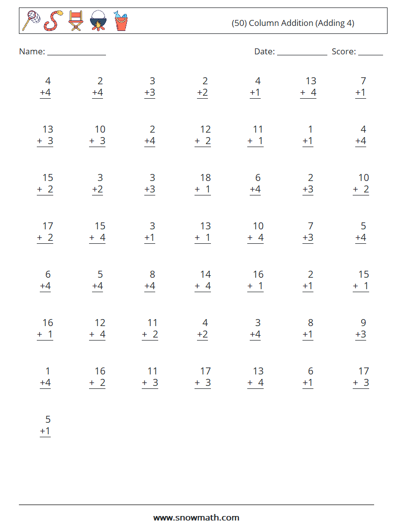 (50) Column Addition (Adding 4) Math Worksheets 9