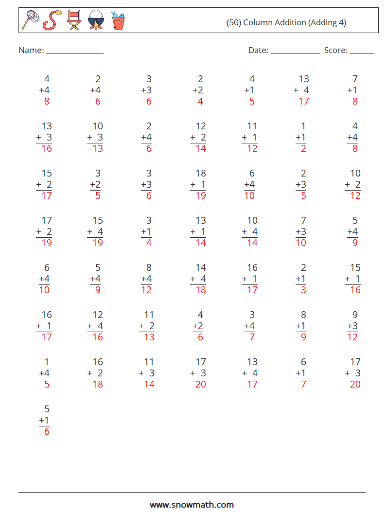 (50) Column Addition (Adding 4) Math Worksheets 9 Question, Answer