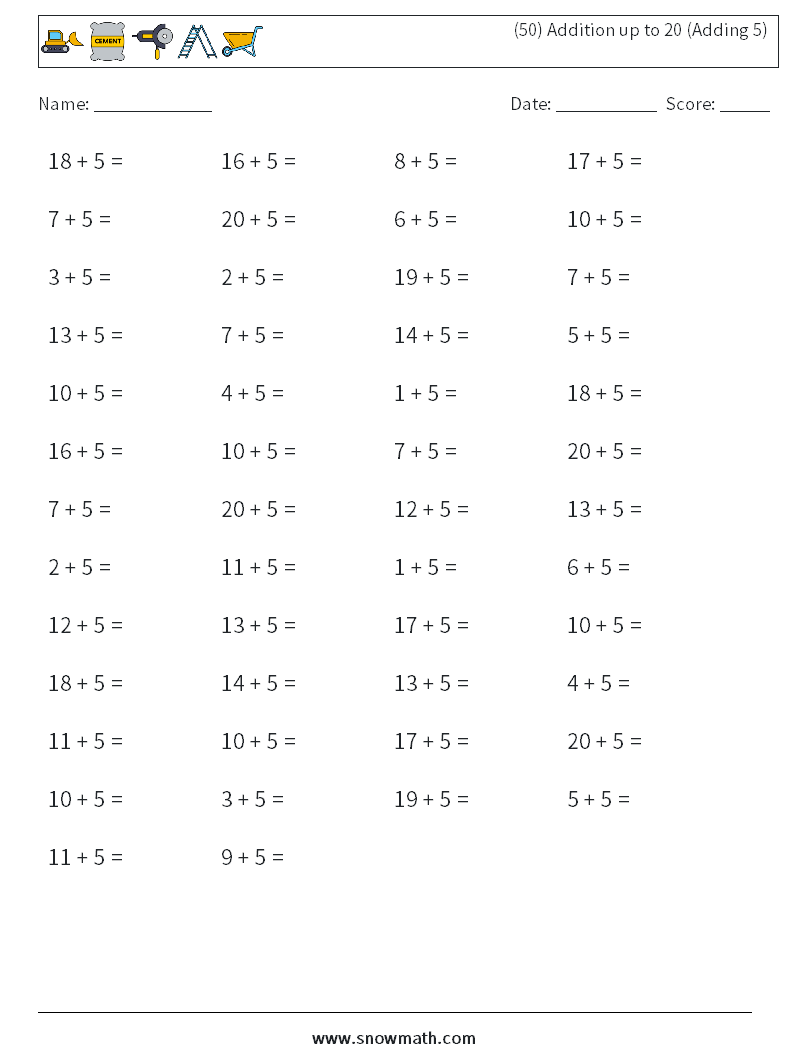 (50) Addition up to 20 (Adding 5) Math Worksheets 1