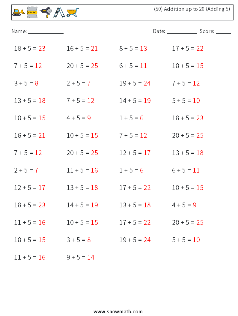 (50) Addition up to 20 (Adding 5) Math Worksheets 1 Question, Answer