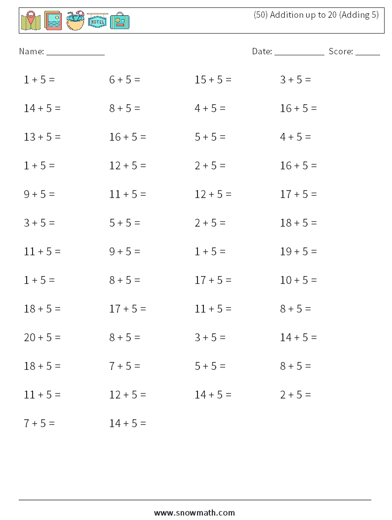 (50) Addition up to 20 (Adding 5) Math Worksheets 2