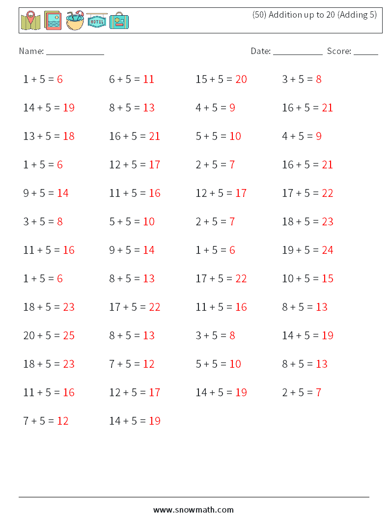 (50) Addition up to 20 (Adding 5) Math Worksheets 2 Question, Answer