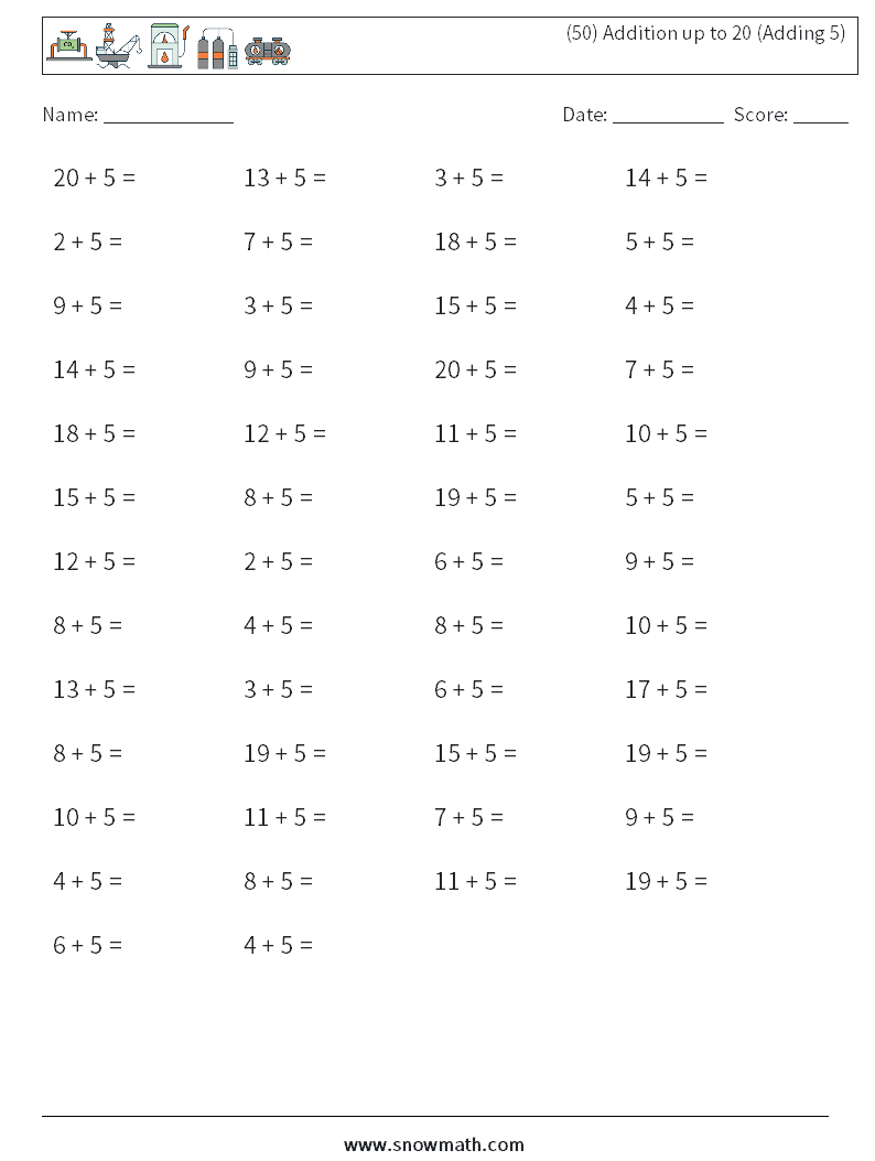 (50) Addition up to 20 (Adding 5) Math Worksheets 5