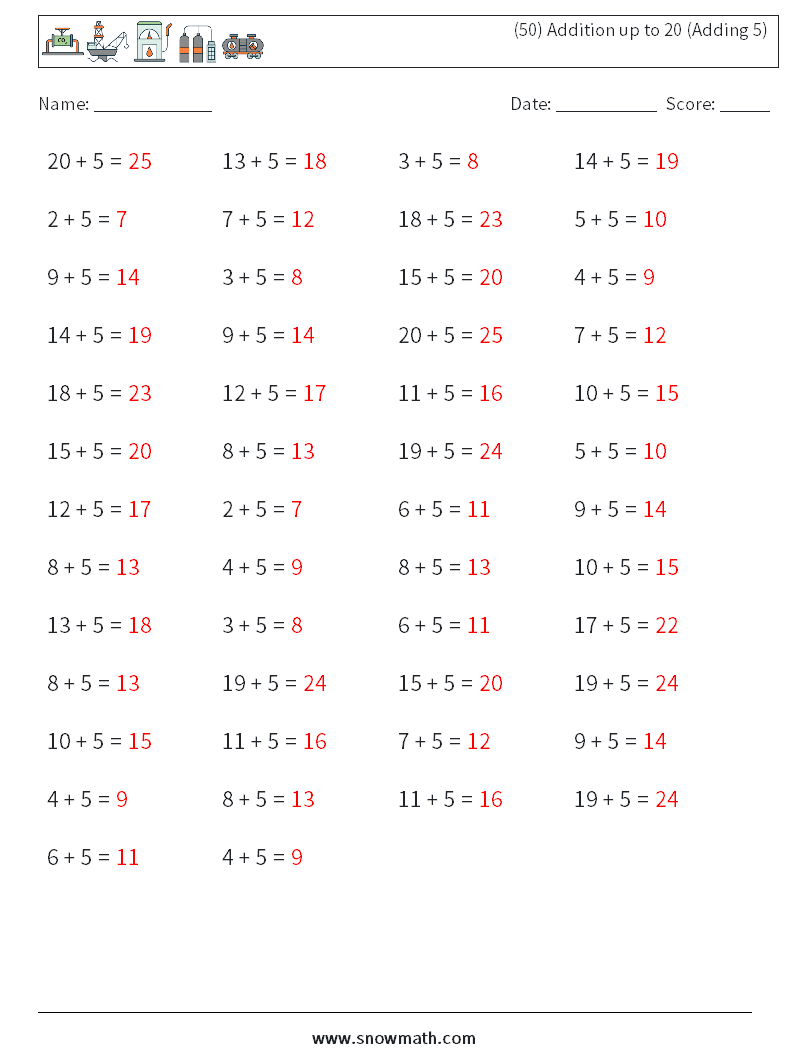 (50) Addition up to 20 (Adding 5) Math Worksheets 5 Question, Answer