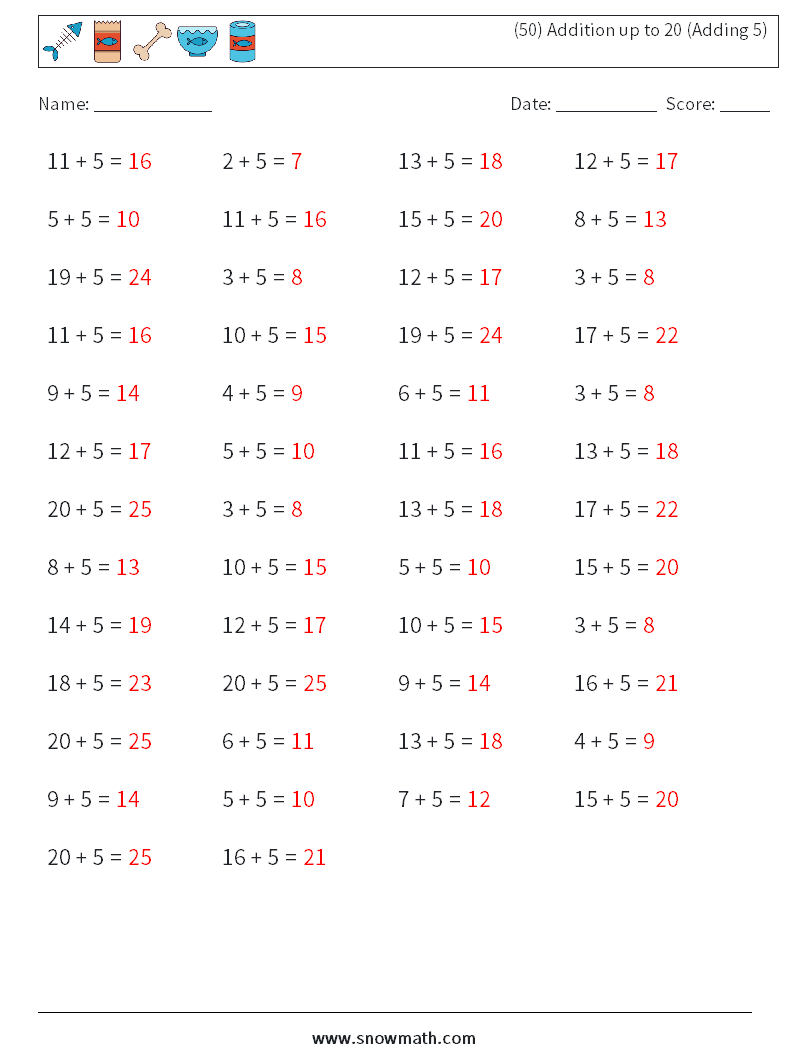 (50) Addition up to 20 (Adding 5) Math Worksheets 6 Question, Answer