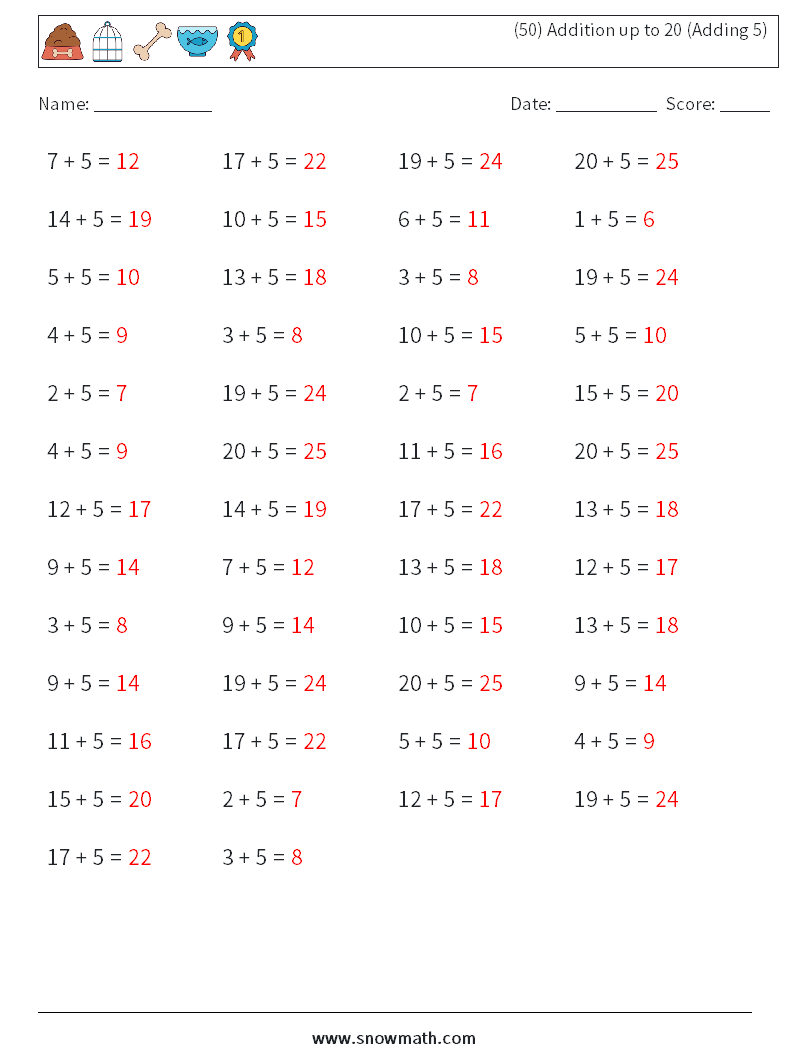 (50) Addition up to 20 (Adding 5) Math Worksheets 7 Question, Answer