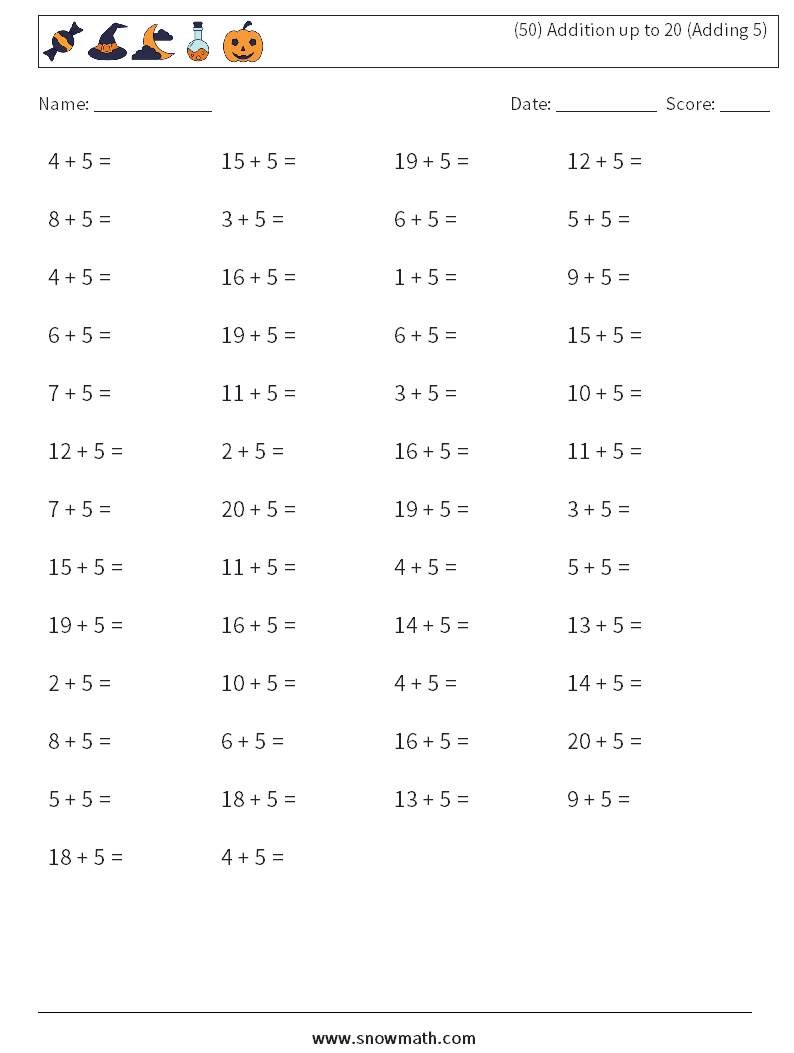 (50) Addition up to 20 (Adding 5) Math Worksheets 9