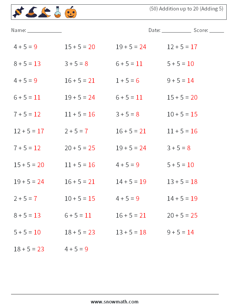 (50) Addition up to 20 (Adding 5) Math Worksheets 9 Question, Answer