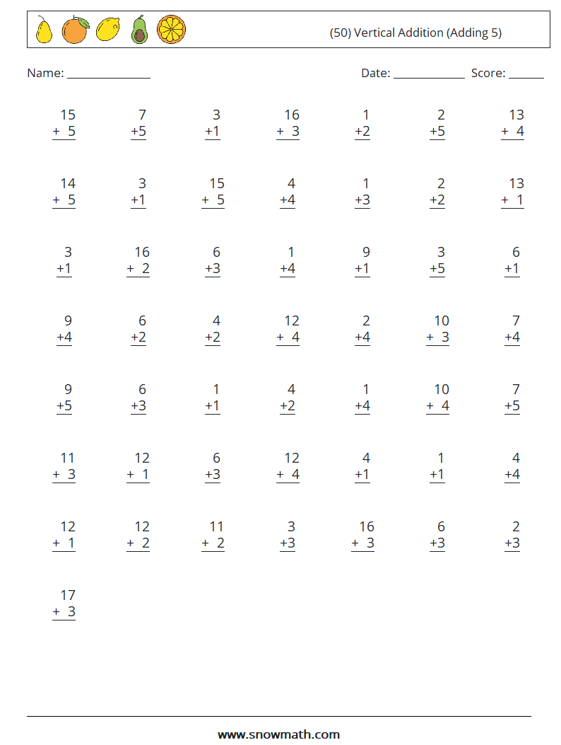 (50) Vertical  Addition (Adding 5) Math Worksheets 1