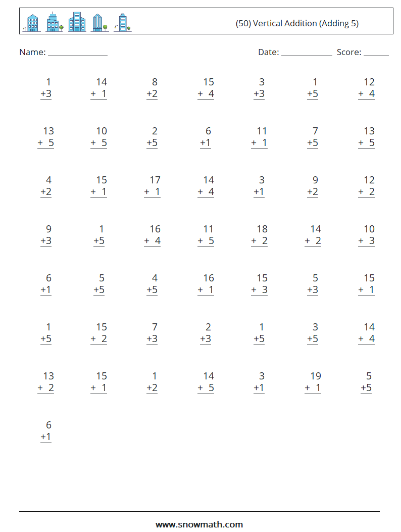 (50) Vertical  Addition (Adding 5) Math Worksheets 10