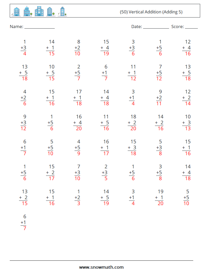 (50) Vertical  Addition (Adding 5) Math Worksheets 10 Question, Answer