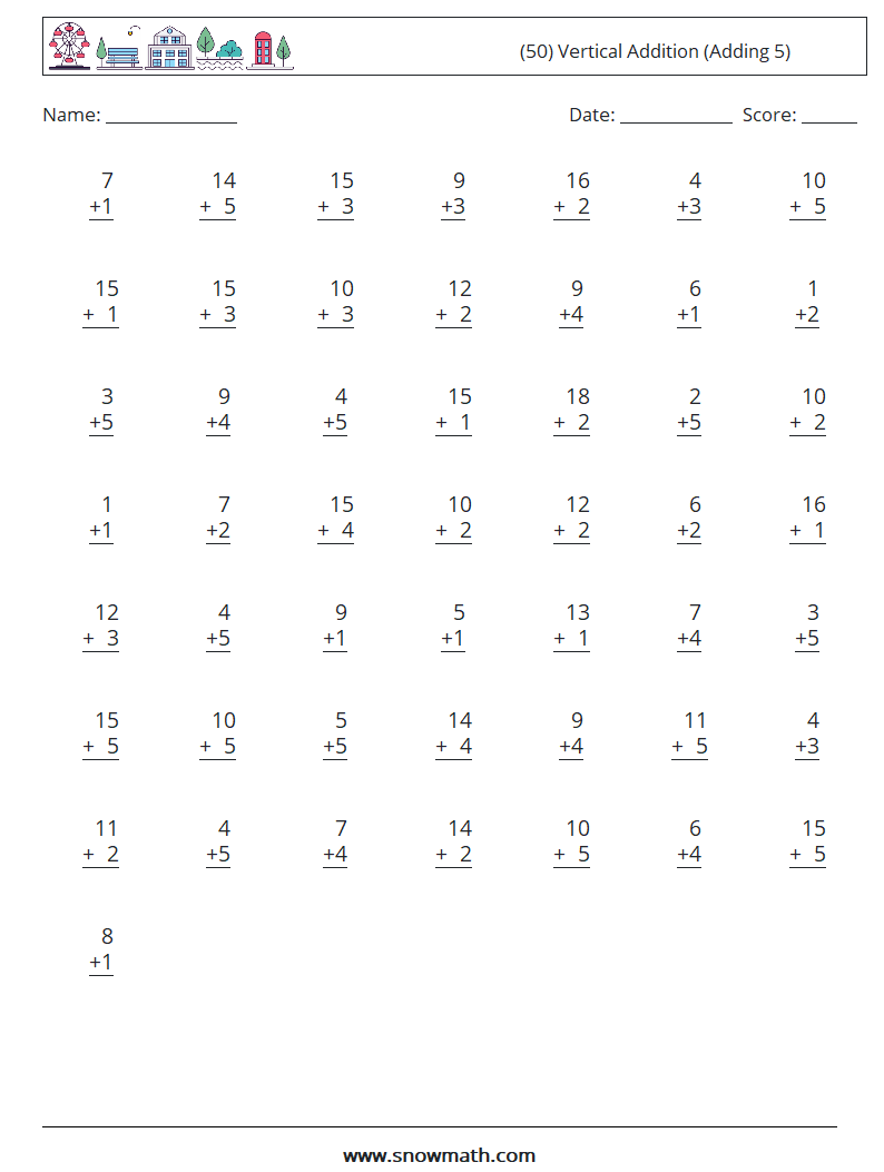 (50) Vertical  Addition (Adding 5) Math Worksheets 11