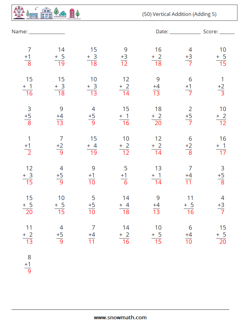 (50) Vertical  Addition (Adding 5) Math Worksheets 11 Question, Answer