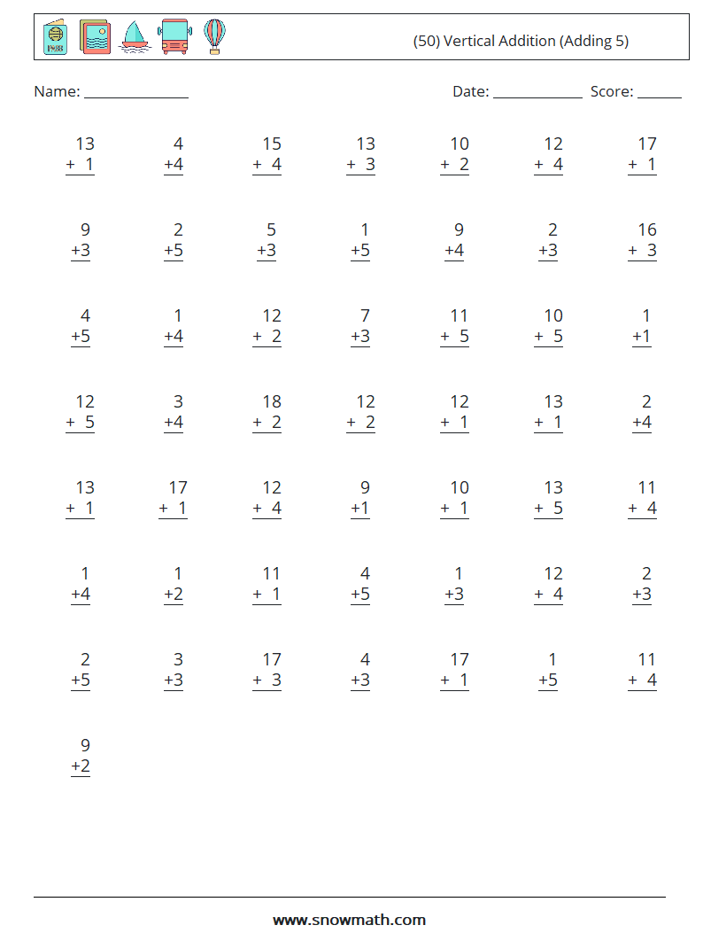 (50) Vertical  Addition (Adding 5) Math Worksheets 12