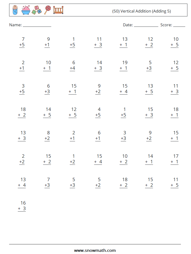 (50) Vertical  Addition (Adding 5) Math Worksheets 13