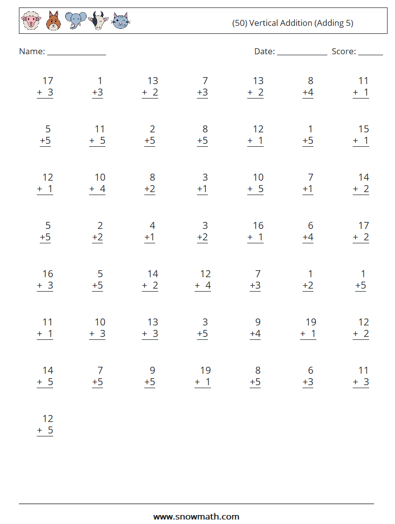 (50) Vertical  Addition (Adding 5) Math Worksheets 14