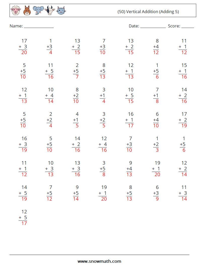 (50) Vertical  Addition (Adding 5) Math Worksheets 14 Question, Answer