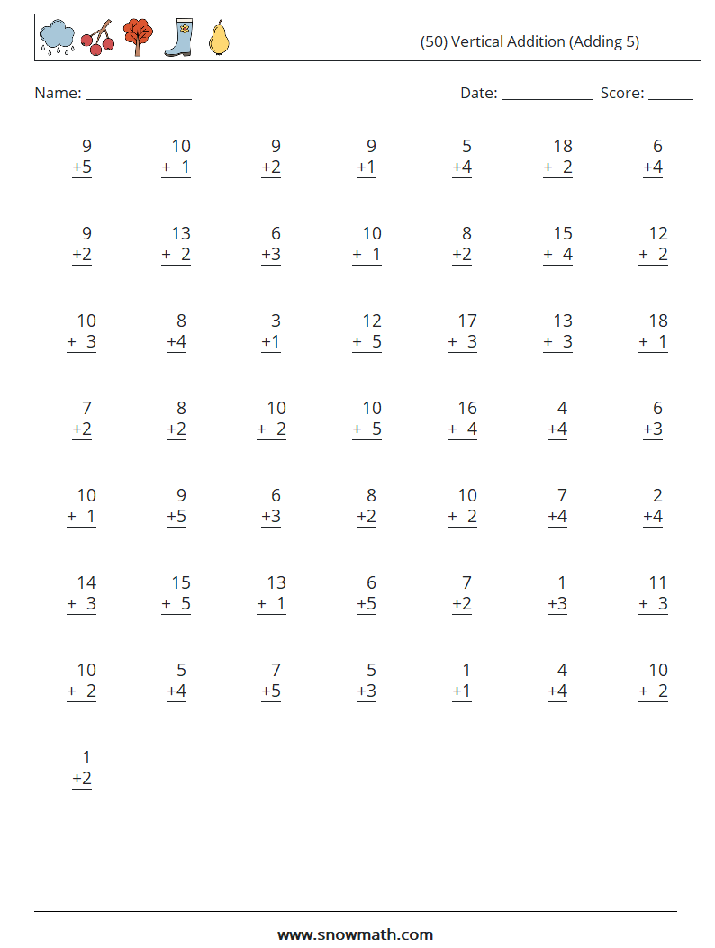 (50) Vertical  Addition (Adding 5) Math Worksheets 15