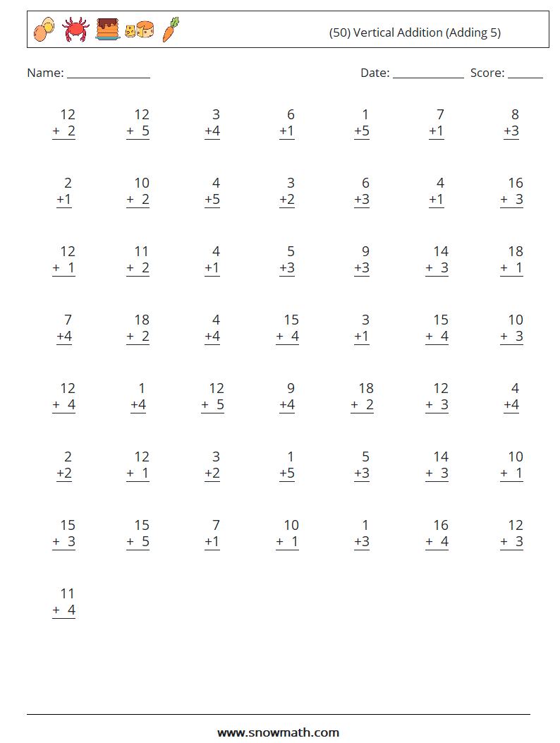 (50) Vertical  Addition (Adding 5) Math Worksheets 16