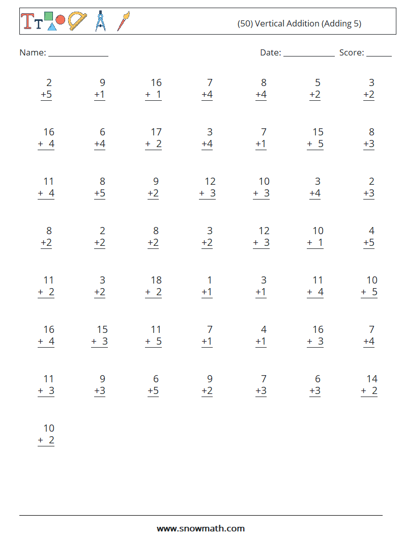 (50) Vertical  Addition (Adding 5) Math Worksheets 17