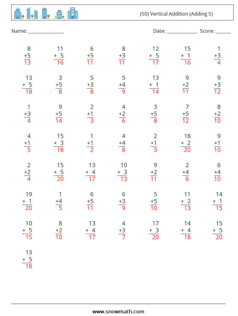 (50) Vertical  Addition (Adding 5) Math Worksheets 18 Question, Answer