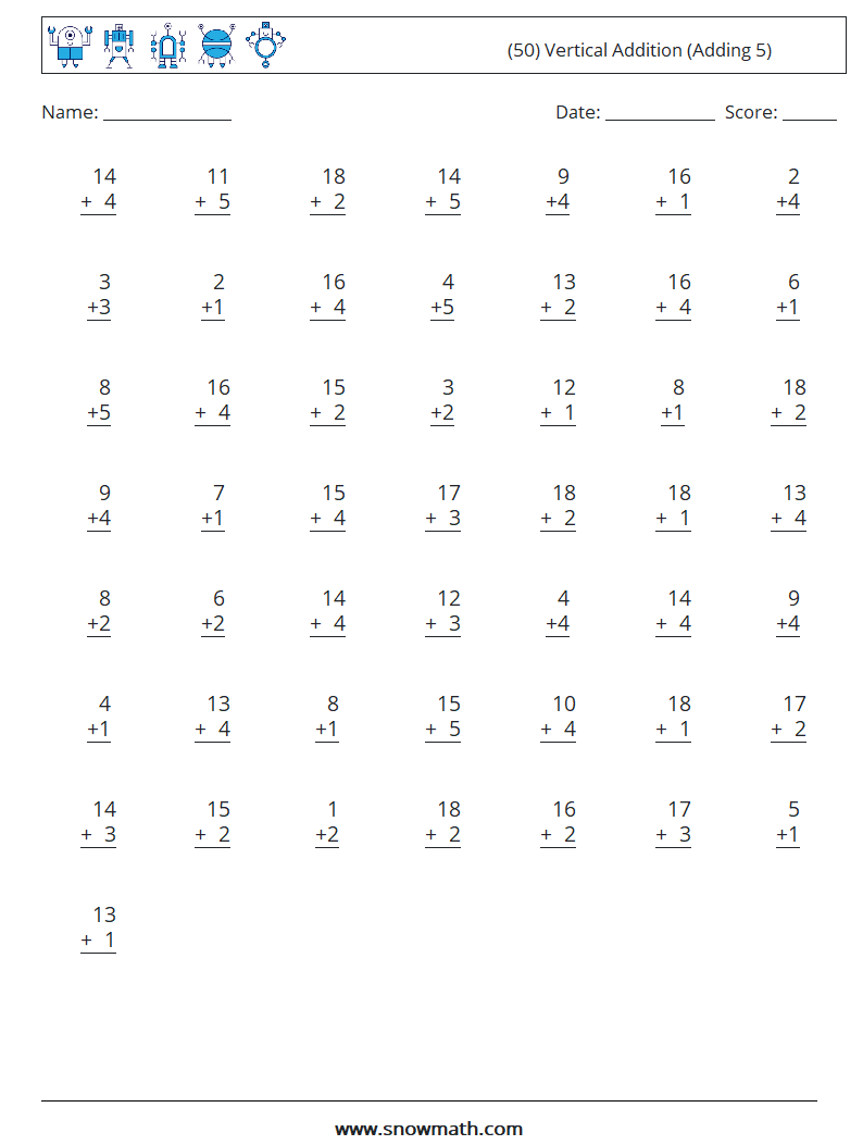 (50) Vertical  Addition (Adding 5) Math Worksheets 2