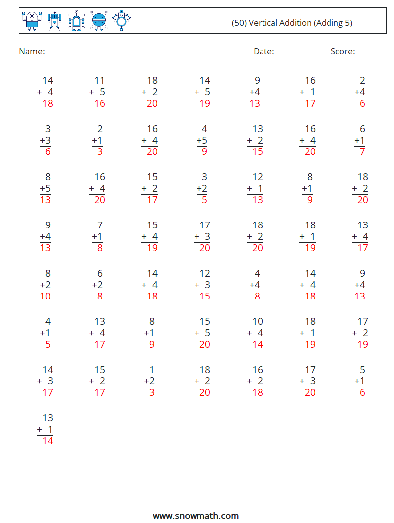 (50) Vertical  Addition (Adding 5) Math Worksheets 2 Question, Answer