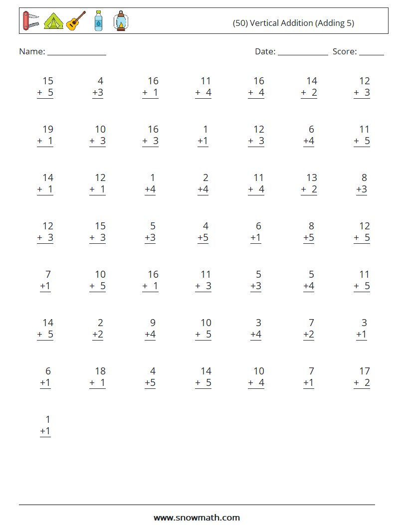 (50) Vertical  Addition (Adding 5) Math Worksheets 3