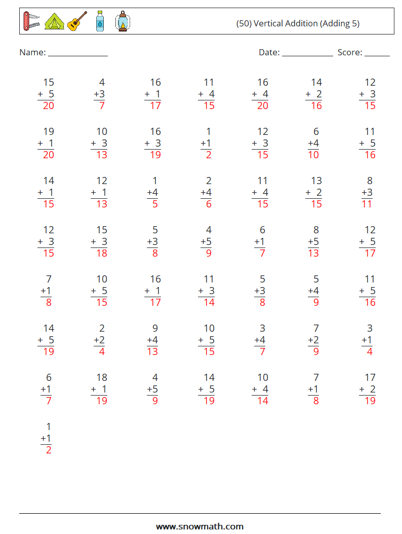 (50) Vertical  Addition (Adding 5) Math Worksheets 3 Question, Answer