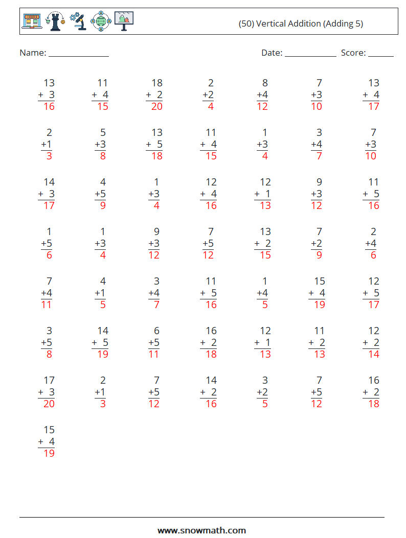 (50) Vertical  Addition (Adding 5) Math Worksheets 4 Question, Answer