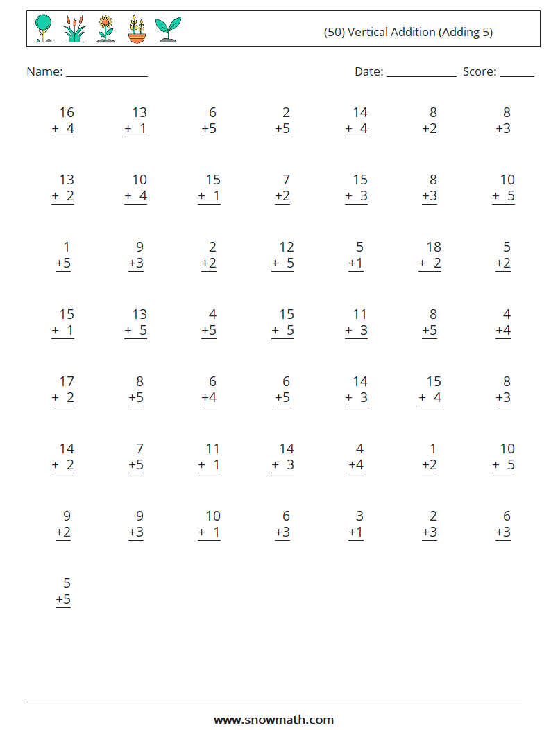 (50) Vertical  Addition (Adding 5) Math Worksheets 6