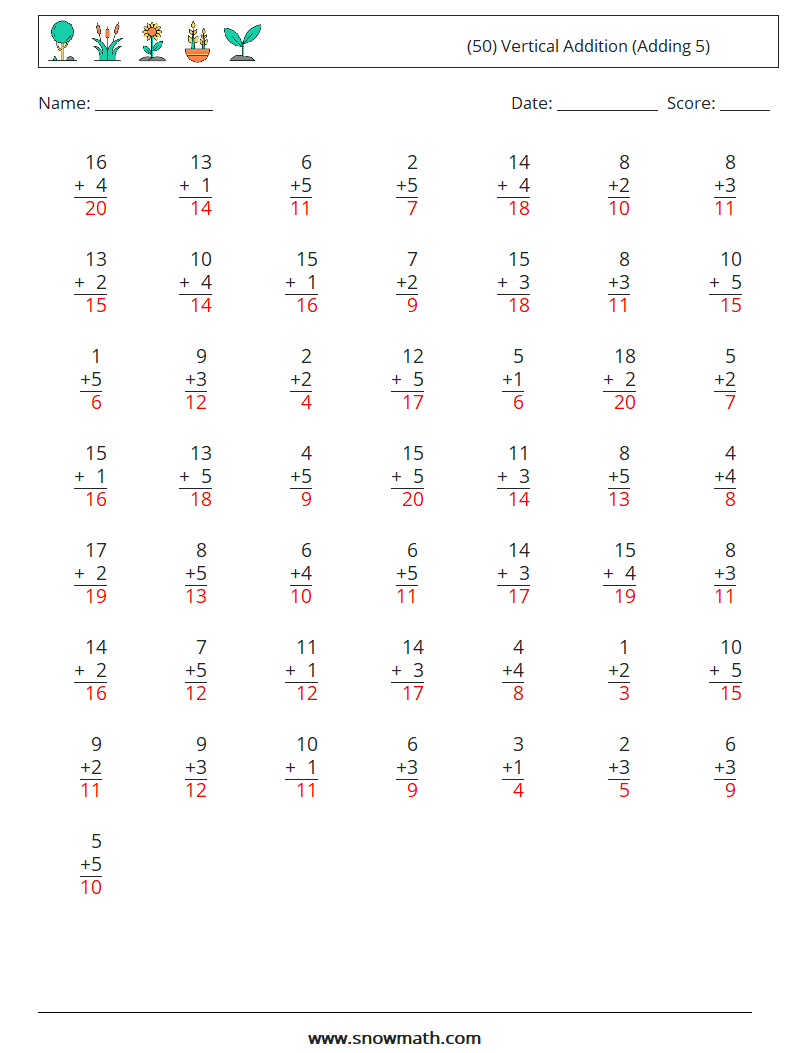 (50) Vertical  Addition (Adding 5) Math Worksheets 6 Question, Answer