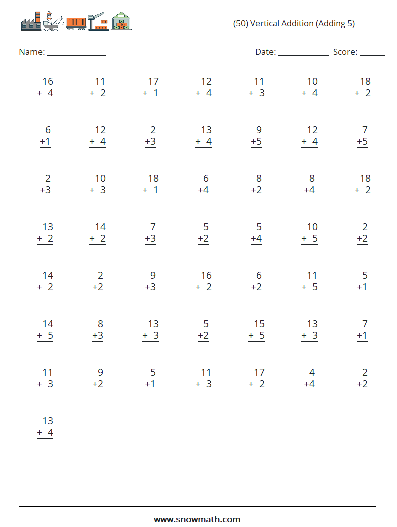 (50) Vertical  Addition (Adding 5) Math Worksheets 7