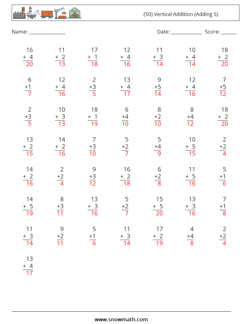 (50) Vertical  Addition (Adding 5) Math Worksheets 7 Question, Answer