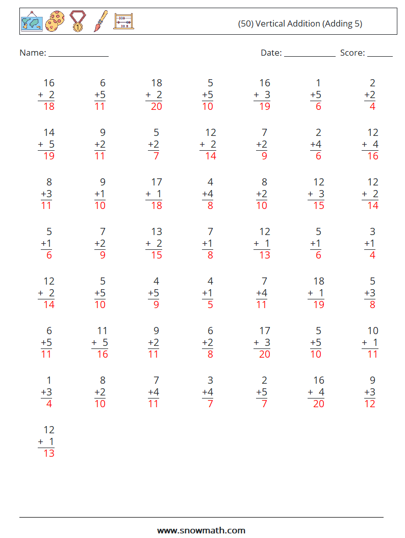 (50) Vertical  Addition (Adding 5) Math Worksheets 8 Question, Answer