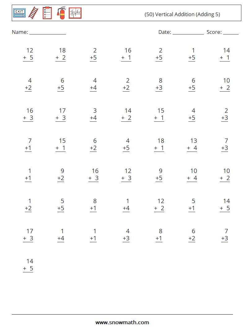 (50) Vertical  Addition (Adding 5) Math Worksheets 9