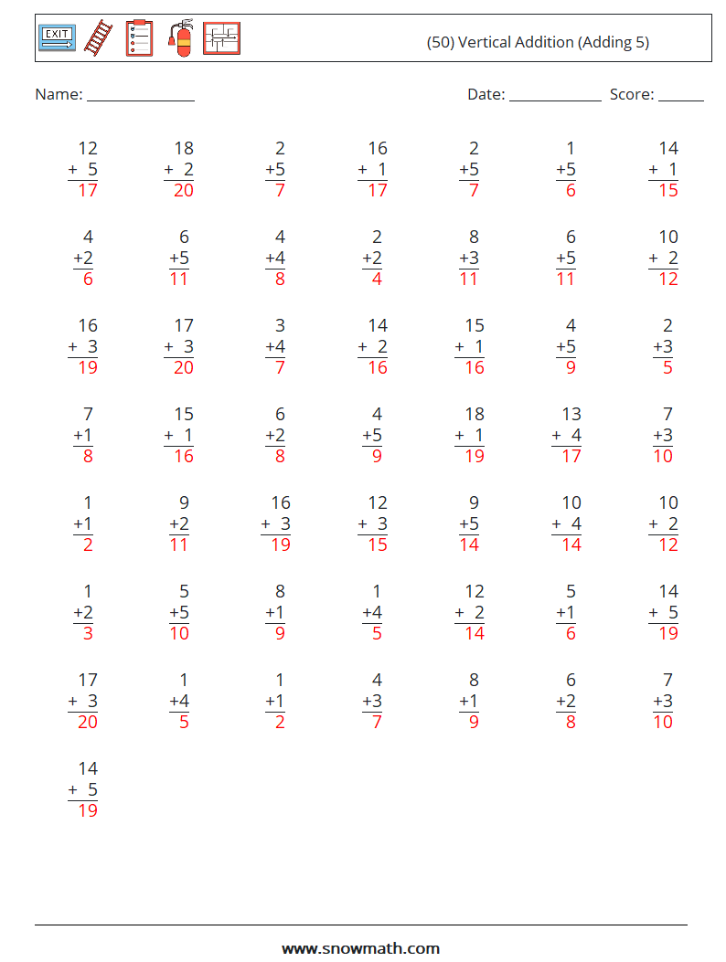 (50) Vertical  Addition (Adding 5) Math Worksheets 9 Question, Answer