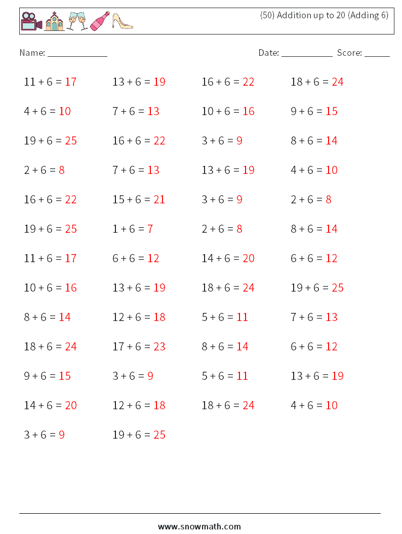 (50) Addition up to 20 (Adding 6) Math Worksheets 2 Question, Answer