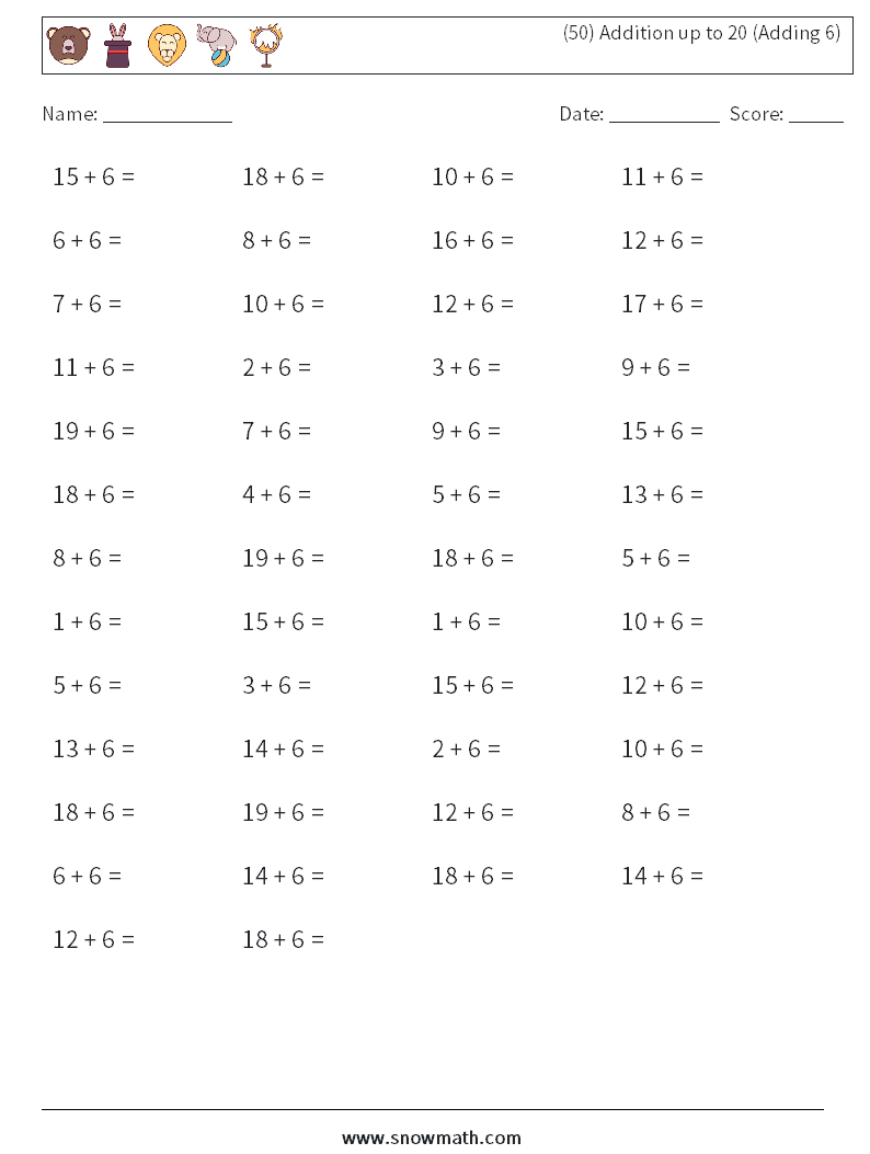 (50) Addition up to 20 (Adding 6) Math Worksheets 3